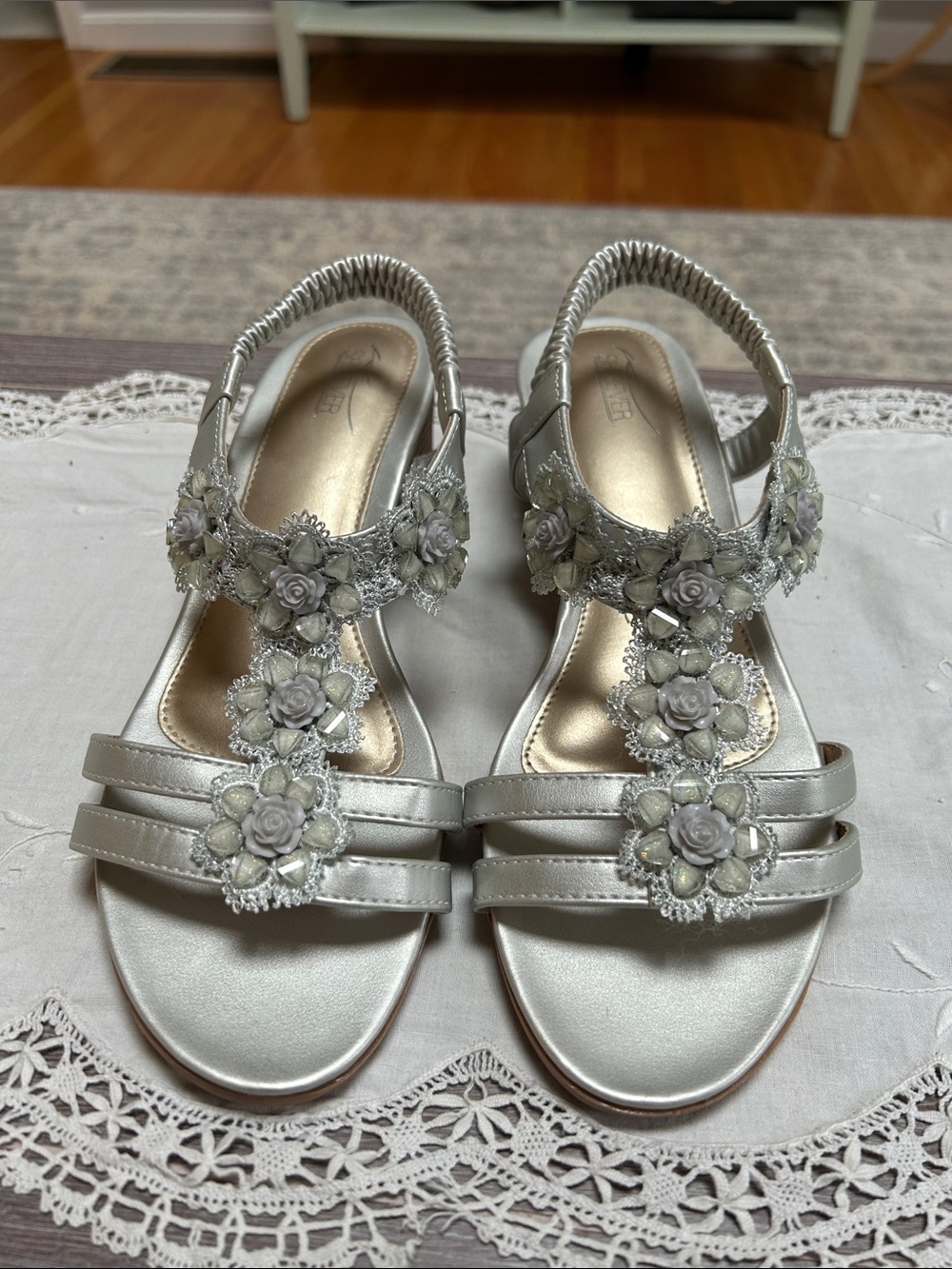 Metallic Silver Floral T-Strap Sandals with Elastic Back